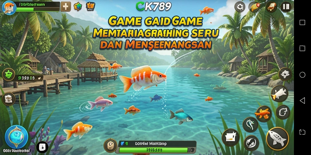 Tampilan gameplay CK789 yang memikat saat memancing di danau yang indah.