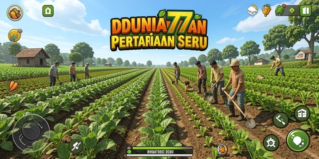 Tampilan gameplay menampilkan ladang hijau dan hewan ternak yang aktif.