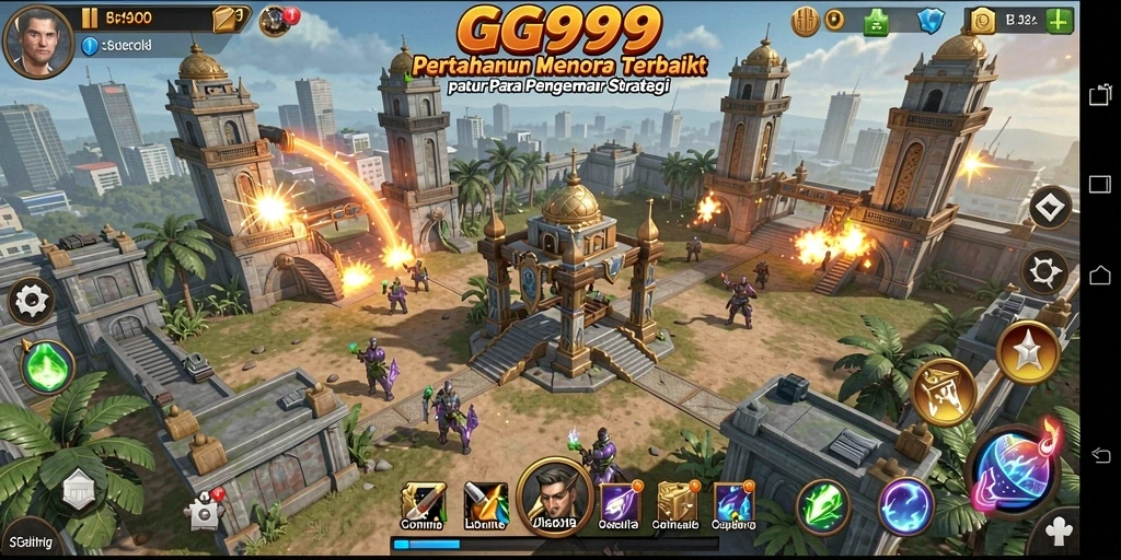 Tampilan gameplay GG999 dengan menara dan musuh yang beragam.