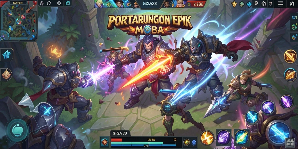 Screenshot utama GIGA33 menampilkan aksi seru di arena MOBA.