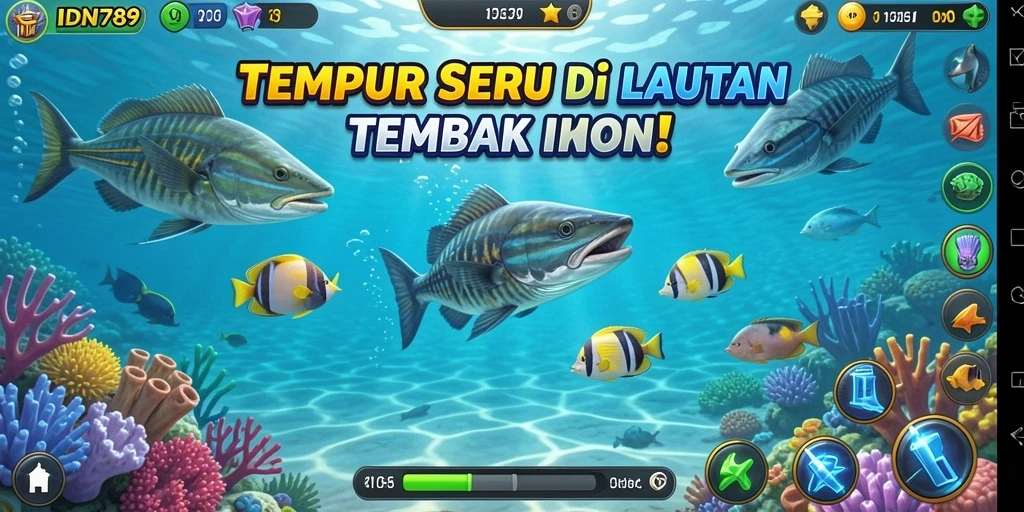 Screenshot gameplay dinamis dalam IDN789 menembak ikan.