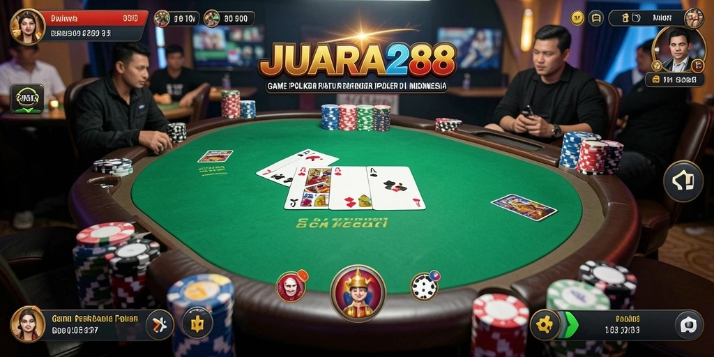 Tampilan menarik gameplay poker di JUARA288 dengan suasana kasino yang nyata.
