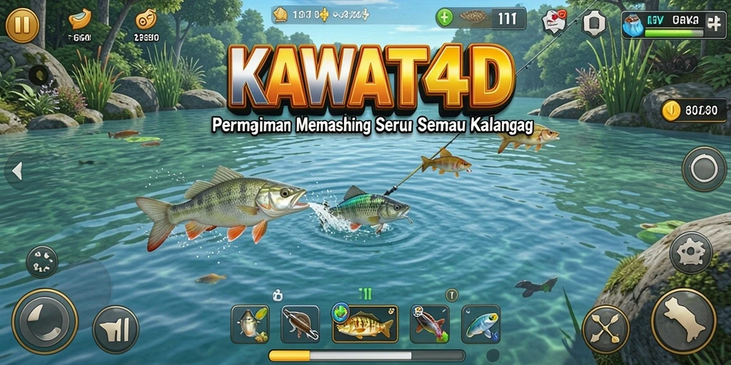 Tampilan gameplay KAWAT4D saat menangkap ikan di danau yang indah.