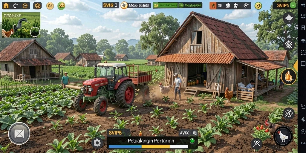 Tangkapan layar gameplay SVIP5 menunjukkan kebun subur dan aktivitas pertanian.