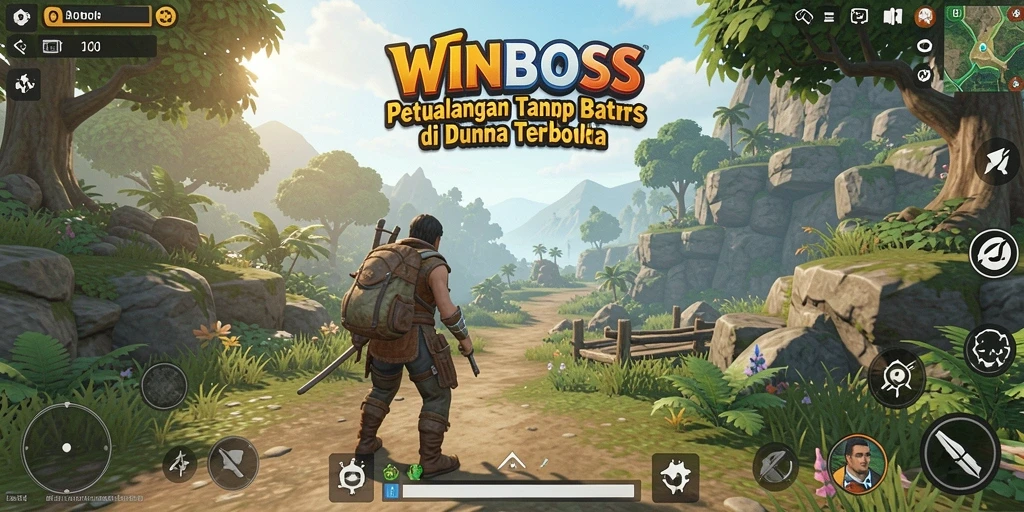 Screenshot gameplay WINBOSS menampilkan petualangan seru di dunia terbuka.