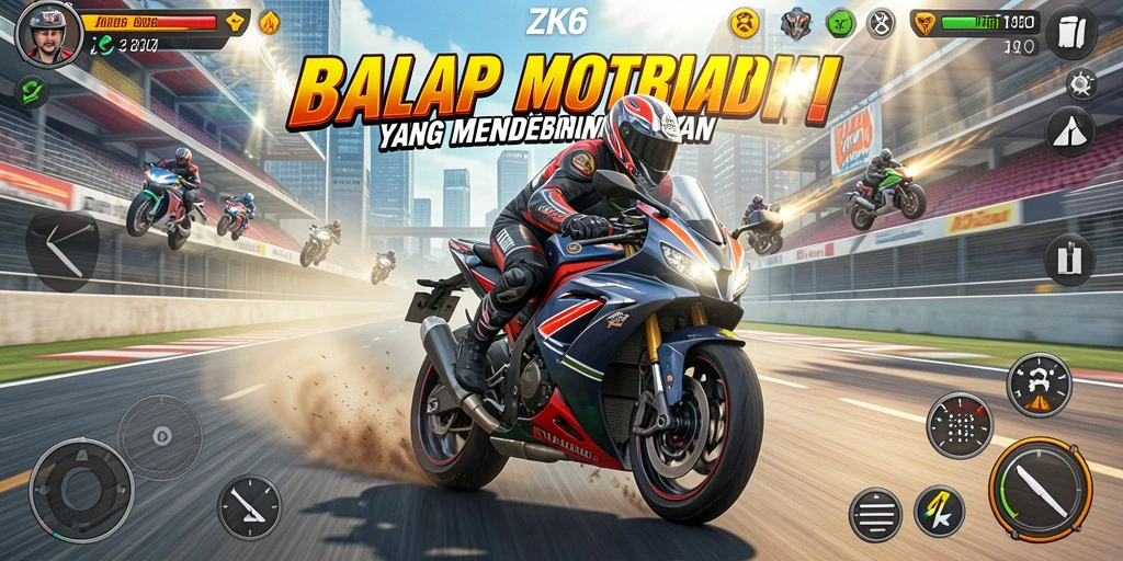 Gameplay seru ZK6 dengan balapan motor yang memukau.